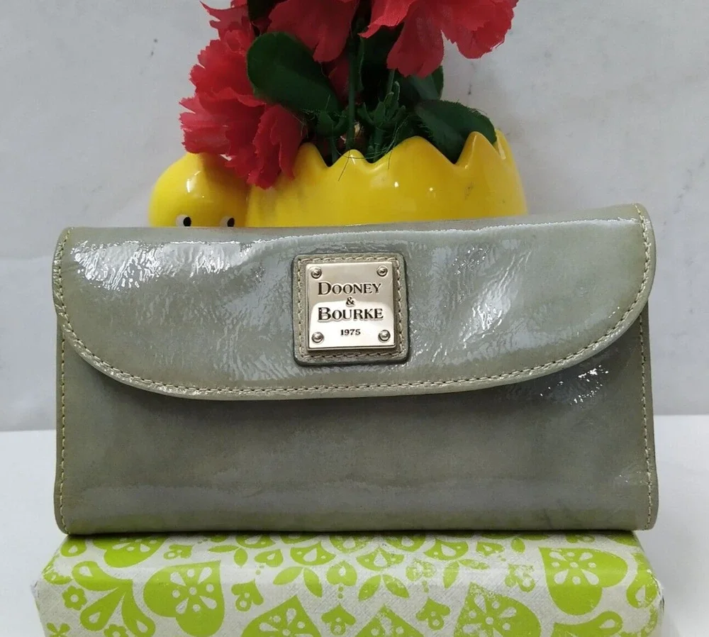 Dooney & Bourke Gray Patent Leather Checkbook Credit Card Trifold Wallet